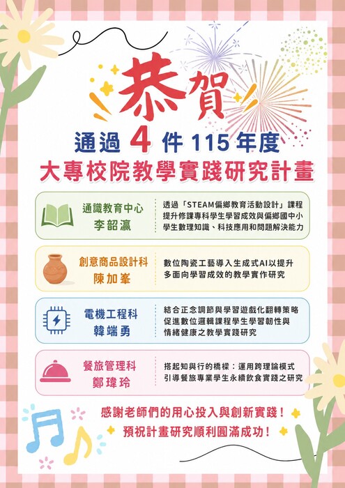 恭賀！本校通過教育部 115 年度「教學實踐研究計畫」4件審查圖片